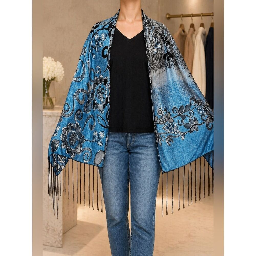 NWT Teal Blue Silver Black Floral Tassel Fringe Accent Shawl - Swimsuit Cover Up